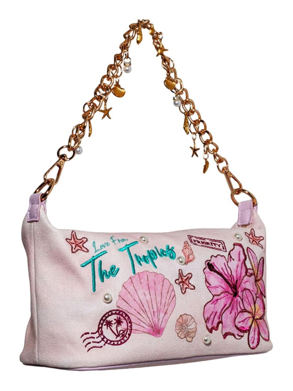 Tropical Pink Embroidered Shoulder Bag with Gold Charm Strap - Picture 2 of 6